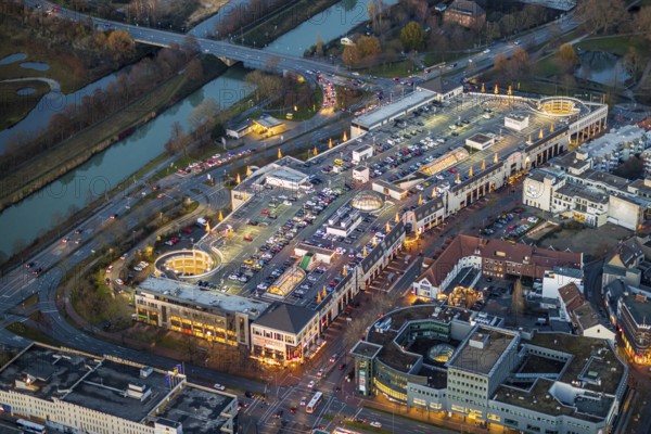 Aerial view, twilight view of Hamm, shopping centre Alleecenter Hamm, ECE, Mitte, Hamm, Ruhr area,