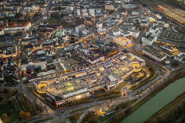 Aerial view, twilight view of Hamm, shopping centre Alleecenter Hamm, ECE, Mitte, Hamm, Ruhr area,