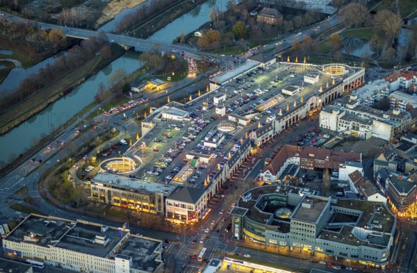 Aerial view, twilight view of Hamm, shopping centre Alleecenter Hamm, ECE, Mitte, Hamm, Ruhr area,