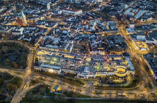 Aerial view, night view of Alleecenter, ECE, shopping centre, city centre Hamm, Mitte, Hamm, Ruhr