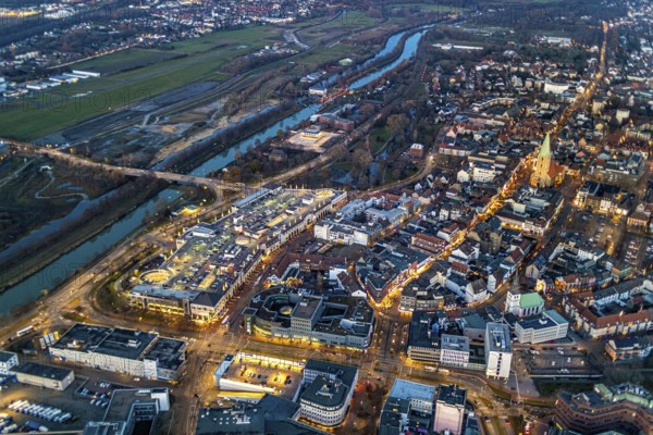 Aerial view, overview of Hamm at night, Technical Town Hall, Alleecenter ECE, Luther Church in the