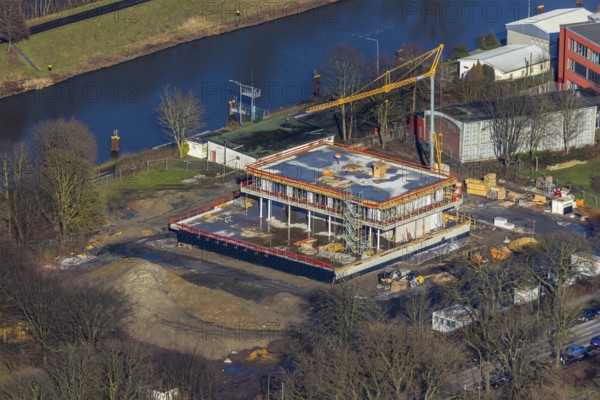Aerial view, new construction water sports centre, construction area Adenauerallee, Hamm, Ruhr