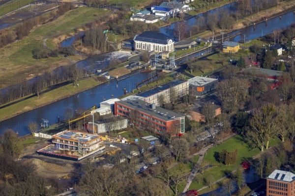 Aerial view, new construction water sports centre, construction area Adenauerallee, Gymnasium