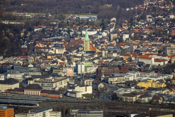Aerial view, city centre view, Hamm main station, Evang. Pauluskirche, Hamm, Ruhr area, North