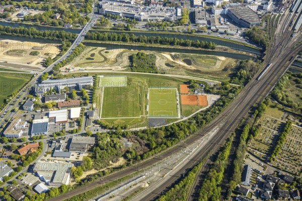 Aerial view, hockey and tennis club Hamm Philip-Reis-Straße, Lippe river, Hamm, Ruhr area, North