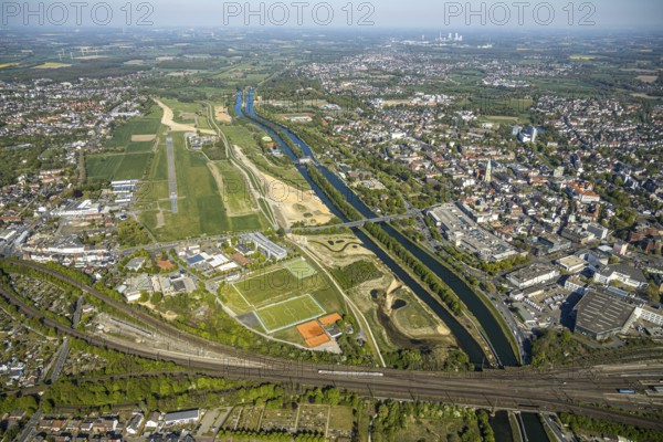 Aerial view, hockey and tennis club Hamm Philip-Reis-Straße, Lippe river, Hamm, Ruhr area, North
