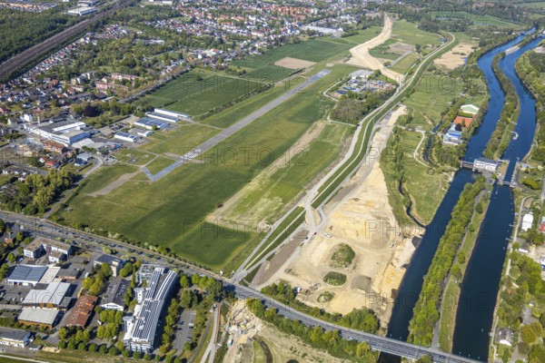 Hamm-Lippewiesen airfield EDLH, runway markings, Lippe reconstruction, Lippe river, Hamm, Ruhr