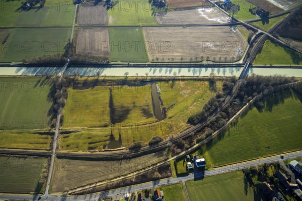Aerial view, meadows and fields at the Datteln-Hamm canal, planned ice nature reserve, BUND