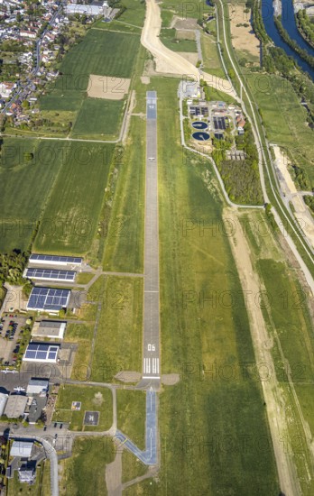 Aerial photo, Hamm-Lippewiesen airfield EDLH, runway markings, Lippe reconstruction, Lippe river,