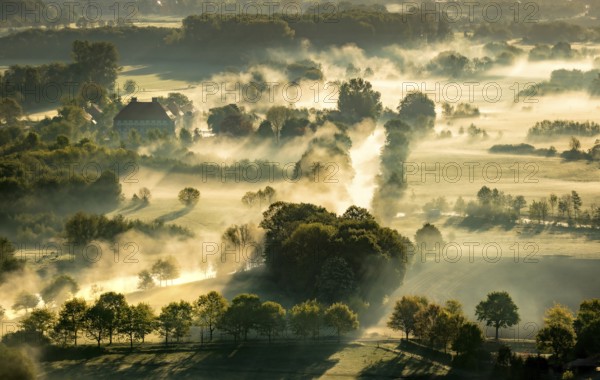Aerial view, morning fog, Lippe river meadow, landscape in backlight, Oberwerries Castle, Hamm,