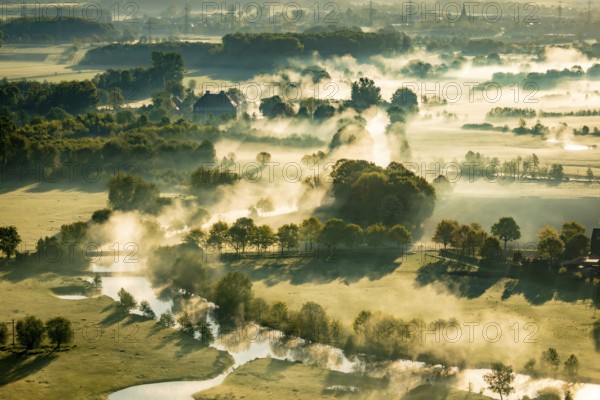 Aerial view, morning fog, Lippe river floodplain, landscape in backlight, Oberwerries Castle, Hamm,