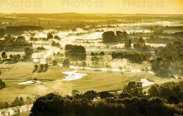 Aerial view, morning fog, Lippe river meadow, landscape in backlight, Oberwerries Castle, Hamm,