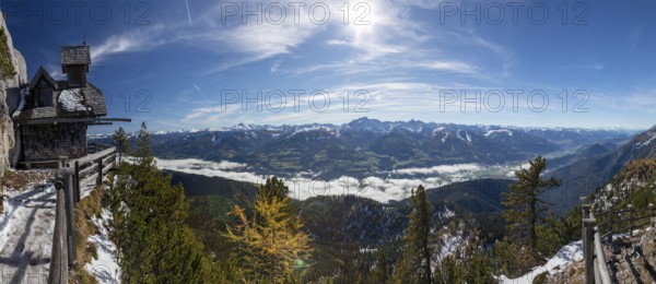 Peace chapel, Friedenskircherl am Stoderzinken, fog in the valley above the Enns Valley, panoramic
