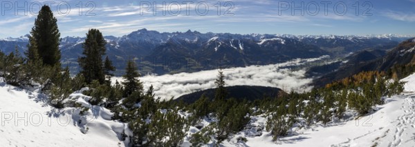 Autumn atmosphere, fog over the Enns Valley, snow on alpine mountain range, autumn leaves,