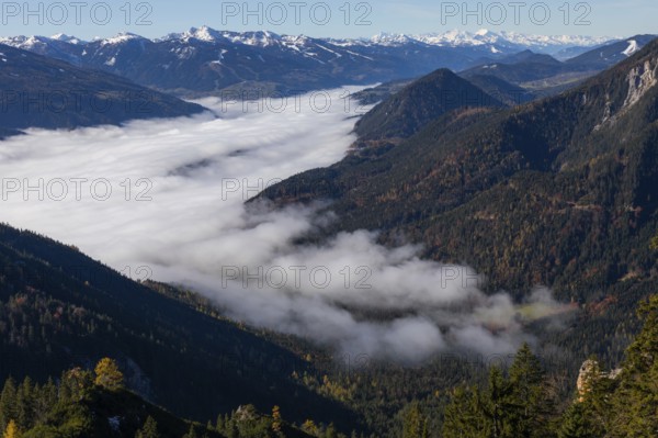 Autumn atmosphere, fog over the Enns Valley, snow on alpine mountain range, view from Stoderstraße,