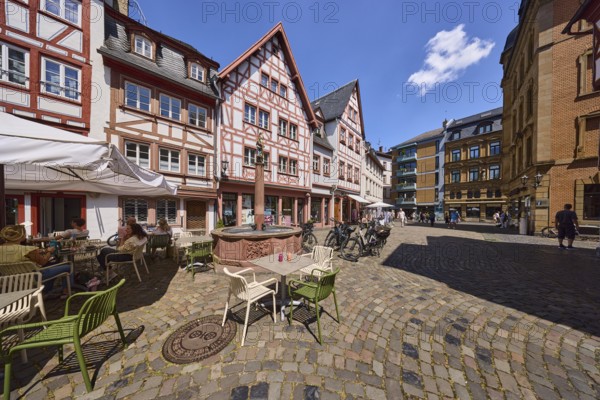 Marienbrunnen, stone fountain, historic half-timbered houses, buildings, bicycles, paving stone