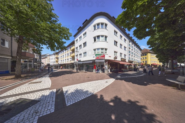 Pedestrian zone, city center, shops, retail, residential buildings and commercial buildings,