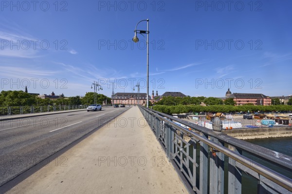 Car bridge and footbridge, Rhine river, bridge railings, sidewalk, lantern, street, lanes, cars,