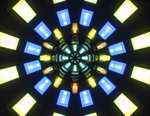 Abstract background of slightly unfocused multicolored glass lenses spinning and rotating,