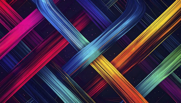 Abstract digital art featuring vibrant, intersecting neon lines creating a geometric pattern,