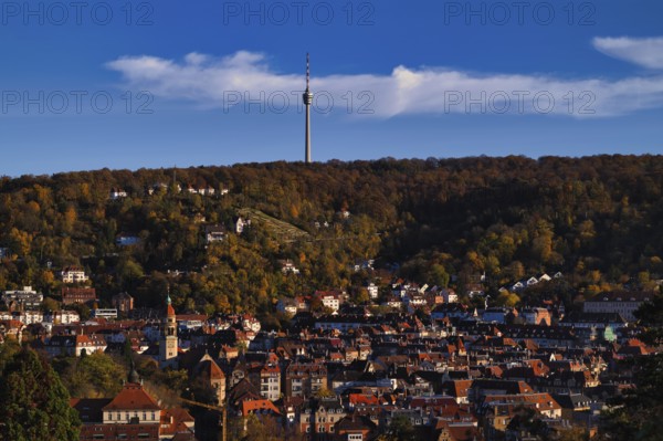 View of Suttgart-Süd with TV Tower, Weinsteige, St. Mark's Church, Stuttgart, Baden-Württemberg,