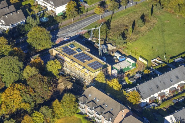 Aerial view, construction site with new daycare center Villa Kunterbunt on Ostwennemarstraße corner