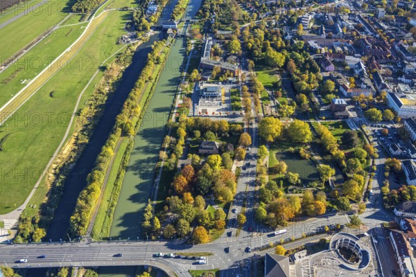 Aerial view, Datteln-Hamm Canal and Lippe river, water sports center, Hammonense grammar school and