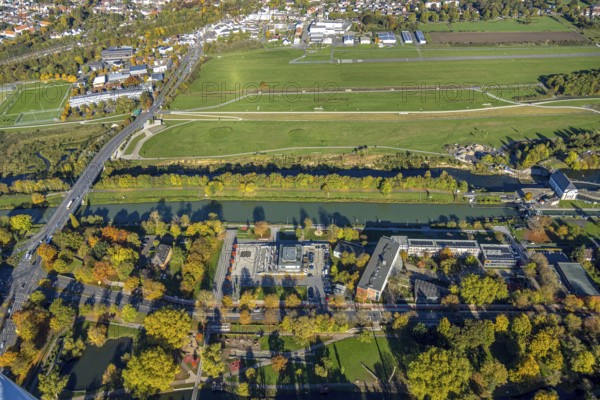 Aerial view, Lippewiesen airfield, Hammonense Gymnasium, water sports center on the Datteln-Hamm