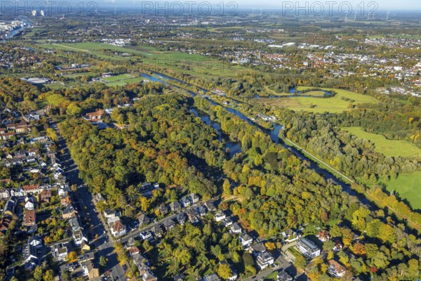 Aerial view, spa park with autumn trees, view of Hamm-Lippewiesen airfield, Lippe river meander and