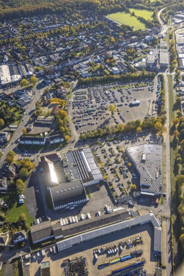 Aerial view, central halls event venue and Kaufland supermarket, hmarkt flea market in the parking