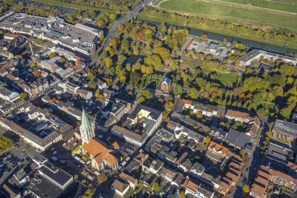 Aerial view, city and evangelical St. Paul's Church, weekly market market on the market square,
