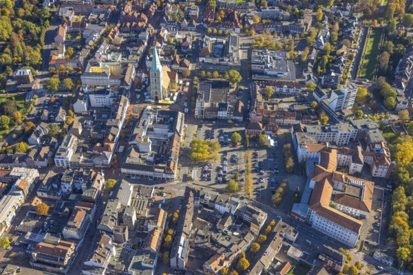 Aerial view, city and evangelical St. Paul's Church, weekly market market on the market square,