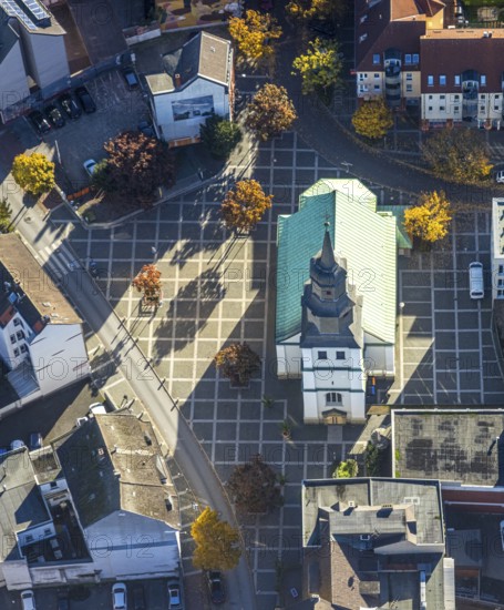 Aerial view, evangelische Jugendkirche/Lutherkirche, autumnal trees, Mitte, Hamm, Ruhr region,