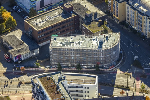 Aerial photo, construction site new apartment building for student living at the intersection Neue