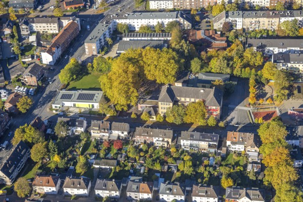 Aerial view, Harkortschule with autumn trees, new teaching pool with solar roof, in the back Kita