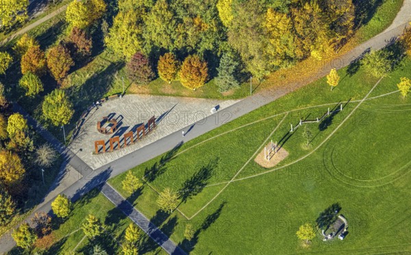 Aerial view, place of interreligious encounter, memorial sculpture in Lippepark, five steel gates