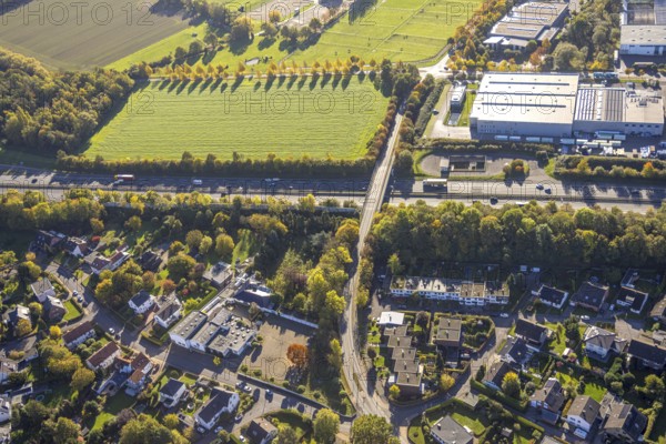Aerial view, Wambelner Straße bridge over the A2 motorway, meadow area surrounded by autumn trees