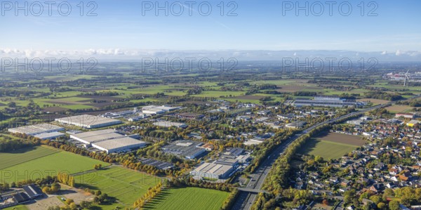 Aerial view, Oberster Kamp industrial park on the A2 motorway, meadows and fields with distant