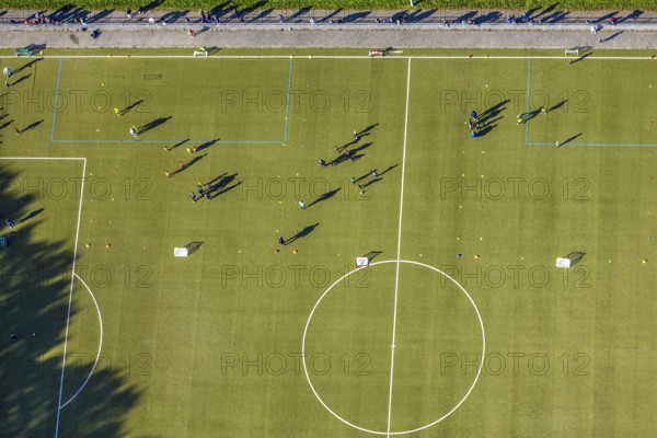 Aerial view, soccer stadium sports ground TuS 1910 Wiesergofen, young people training, vertical