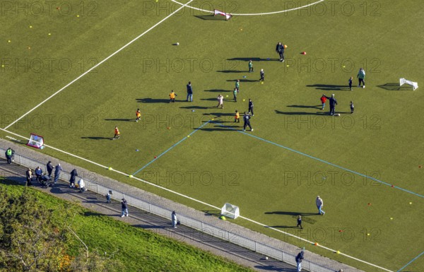 Aerial view, soccer stadium sports ground TuS 1910 Wiesergofen, young people training, district of