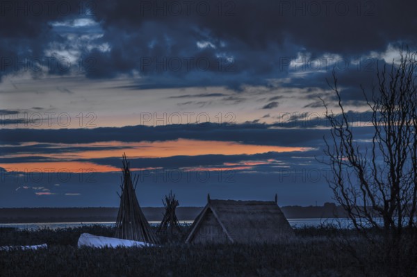 Dawn on the lagoon, a fishing hut in front, Baltic Sea, Ahrenshoop, Darß, Mecklenburg-Western