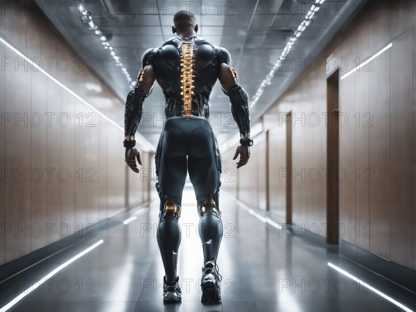 A muscular cyborg walking through a futuristic hallway, highlighting human enhancement, AI