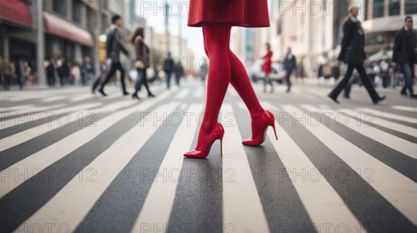 Woman in striking red tights and heels striding across a striped city crosswalk, AI generated