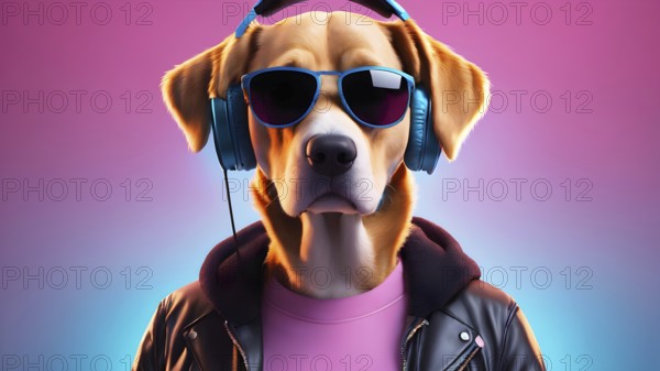 Stylish dog in sunglasses and headphones wearing a leather jacket with a vibrant background, AI