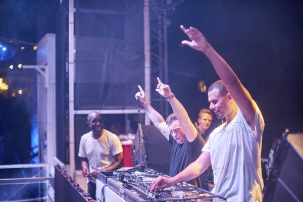 EDITORIAL and NEWS ONLY, rare moment of joint DJ back to back performance of edm dance music DJ