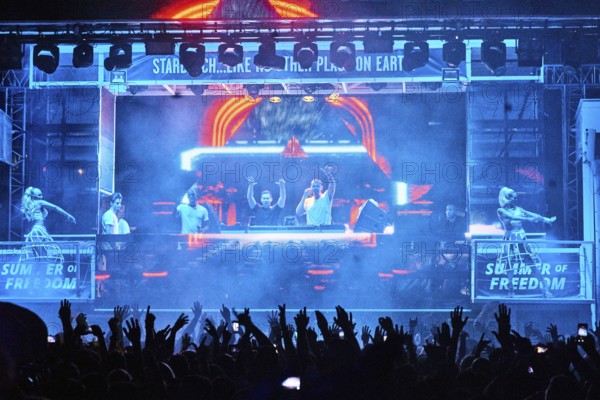 EDITORIAL and NEWS ONLY, stage view of rare moment of joint DJ back to back performance of edm