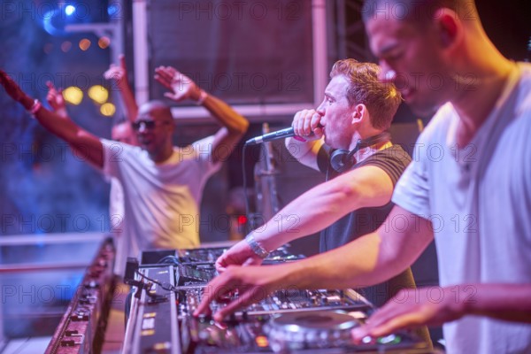 EDITORIAL and NEWS ONLY, rare moment of joint DJ back to back performance of edm dance music DJ