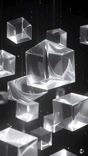 Abstract animation, glass cubes on black background, modern business wallpaper illustration, AI