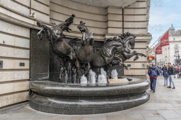 London, United Kingdom - 15 May 2025: Bronze sculpture of The Four horses of Helios fountain in