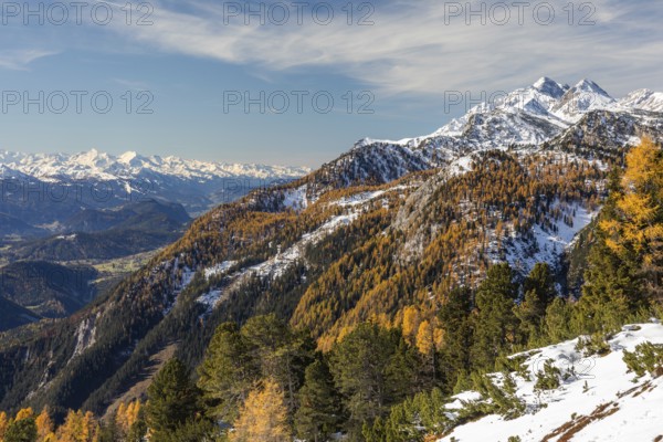 Autumn atmosphere, snow on mountain range, autumn leaves, view from Stoderzinken near Gröbming, in